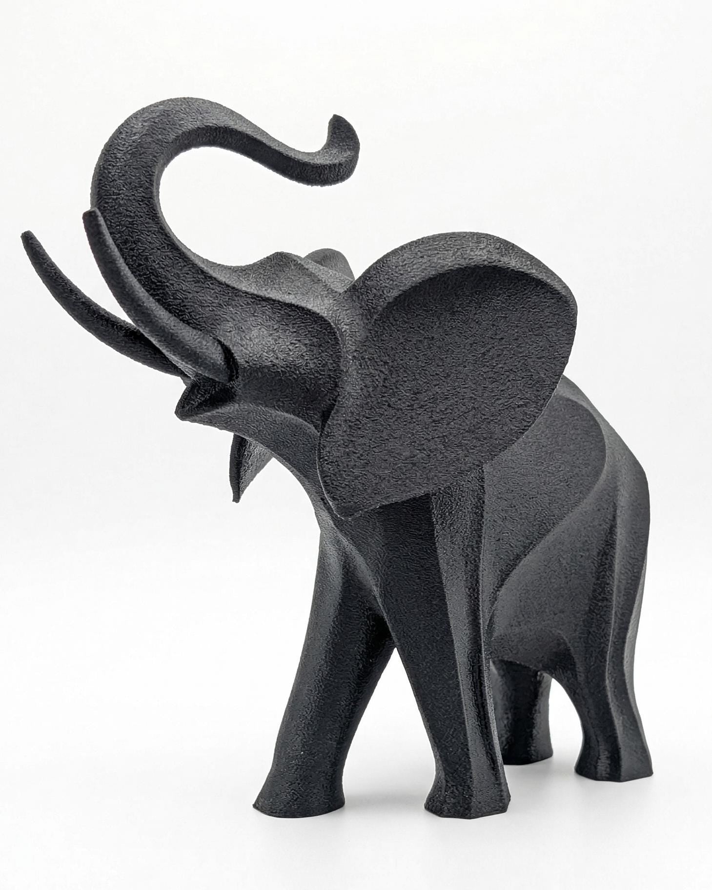 Elephant Figurine, Geometric Trunk Up Model, Minimalist Good Luck Decor, 3D Printed Art - My Printed Perfections