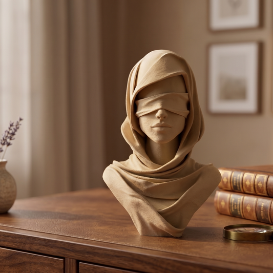 Veiled Figure Model, Silent modern bust, Minimalist art, Blindfolded Justice decor - My Printed Perfections