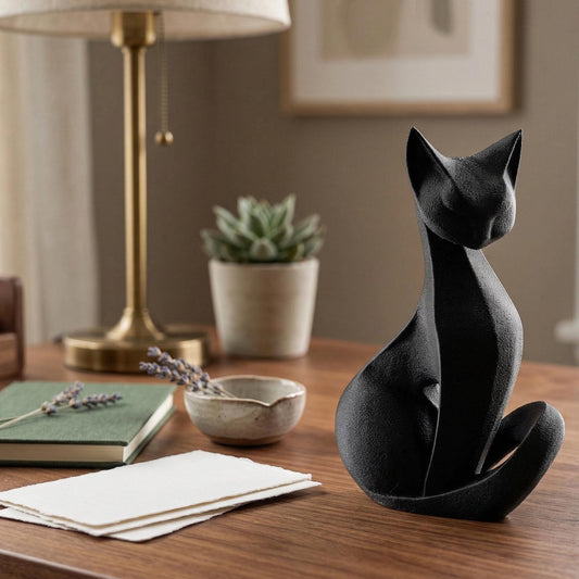 Cat Figurine, Contemplative Silhouette Model, Modern Feline Decor, 3D Printed Art